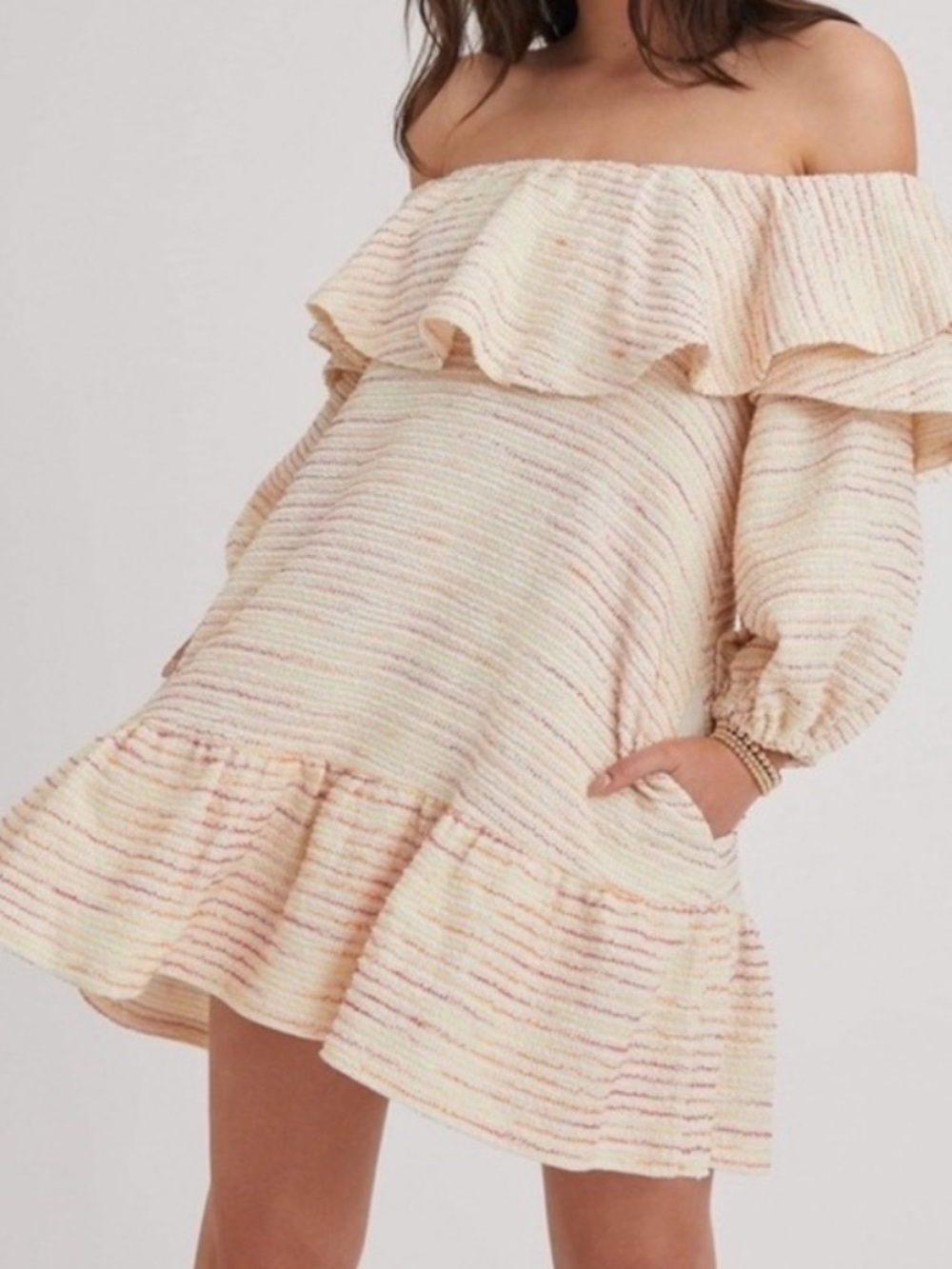 Something Navy Off-the-Shoulder Ruffle Mini Dress in Cream with Pastel Stripes